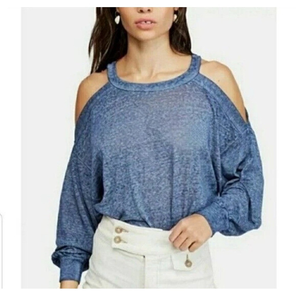 Free People We The Free Blue Long Sleeve Cold Shoulder Soft Top Size Small